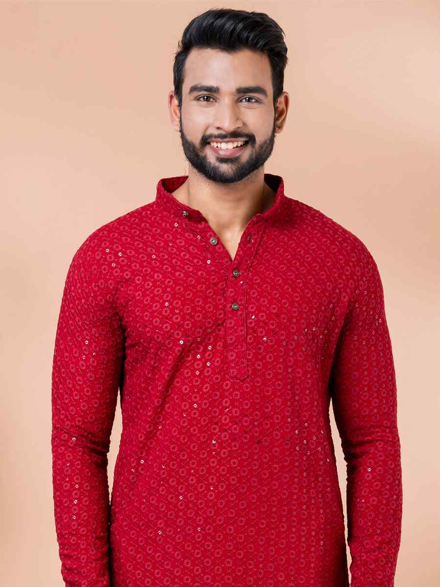 Red Rayon Embroidered Festival Casual Kurta