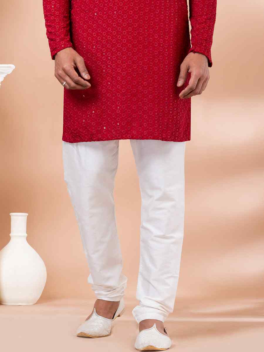 Red Rayon Embroidered Festival Casual Kurta