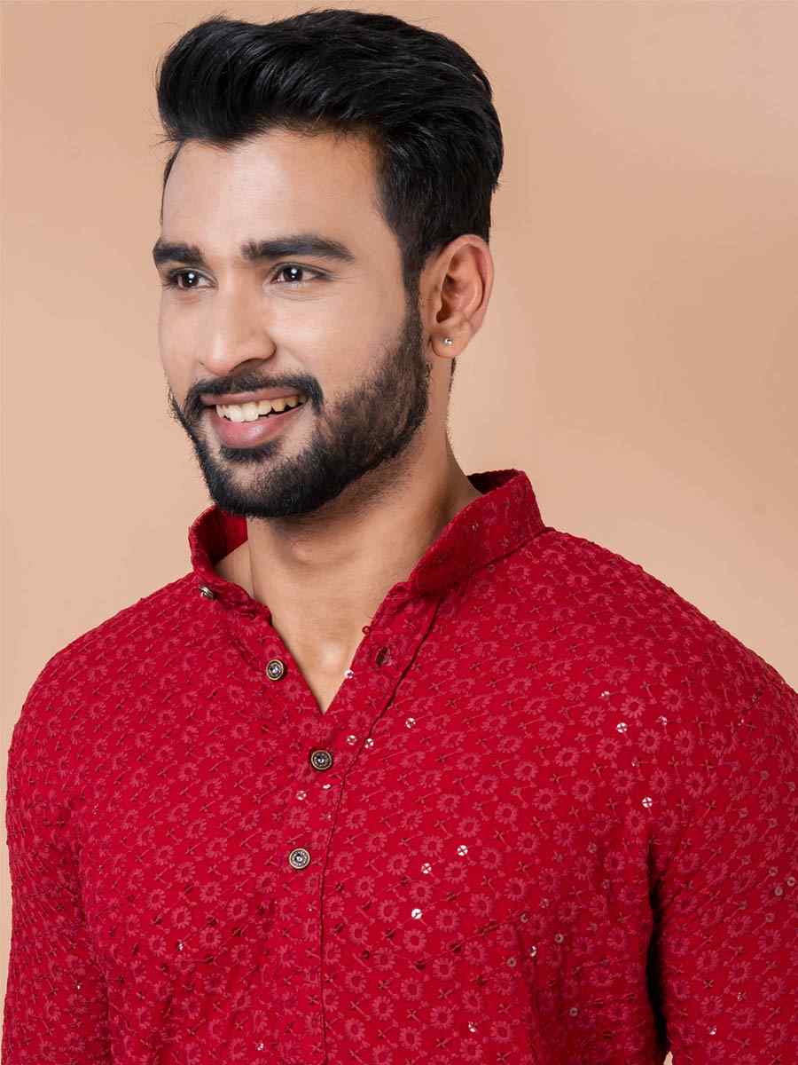 Red Rayon Embroidered Festival Casual Kurta