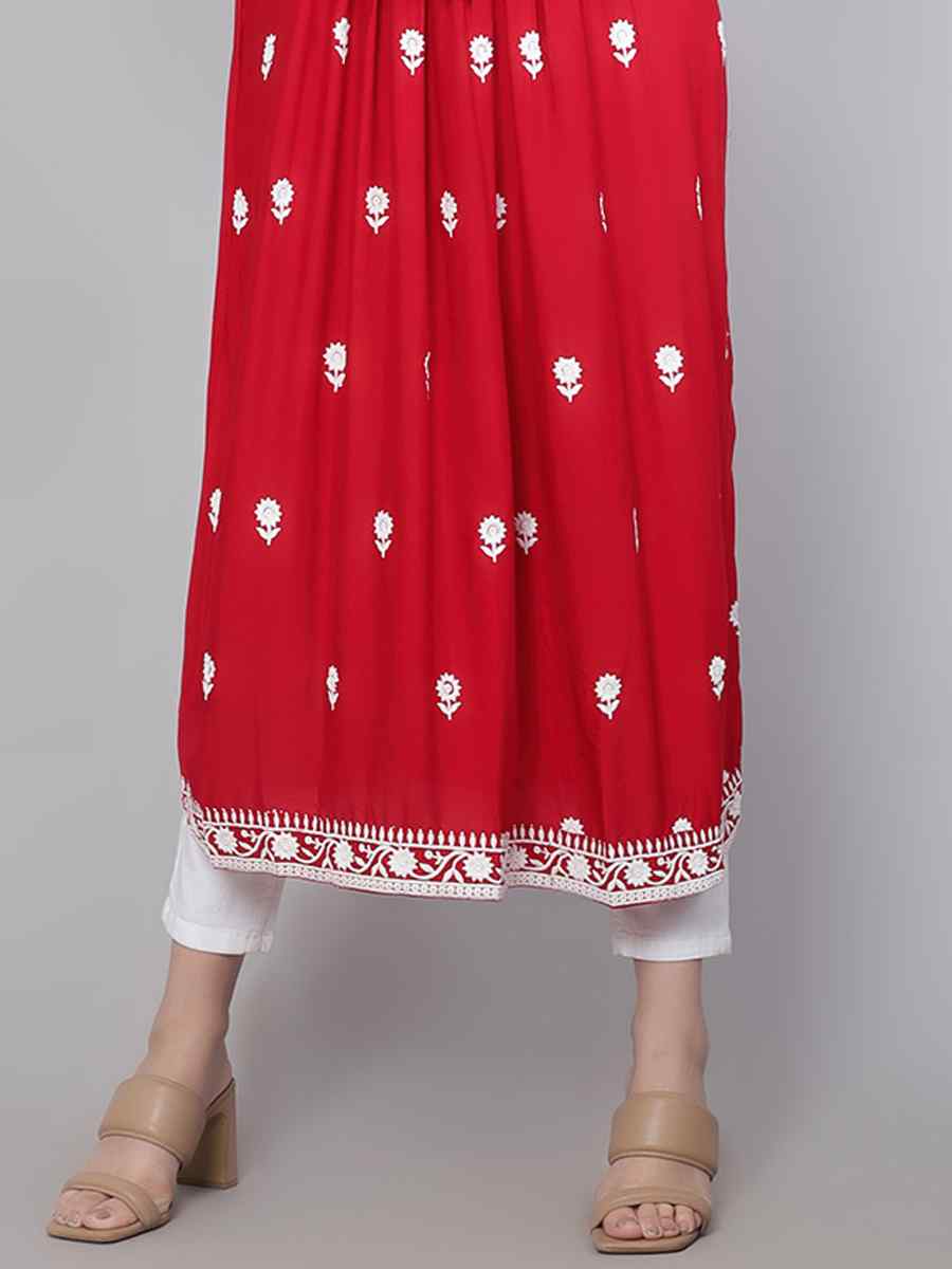 Red Rayon Embroidered Festival Casual Kurti