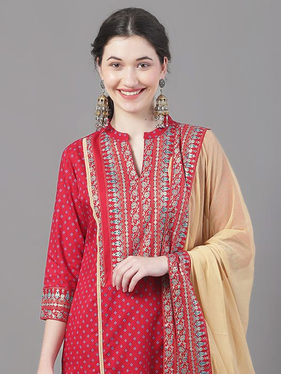 Red Rayon Embroidered Festival Casual Ready Pant Salwar Kameez
