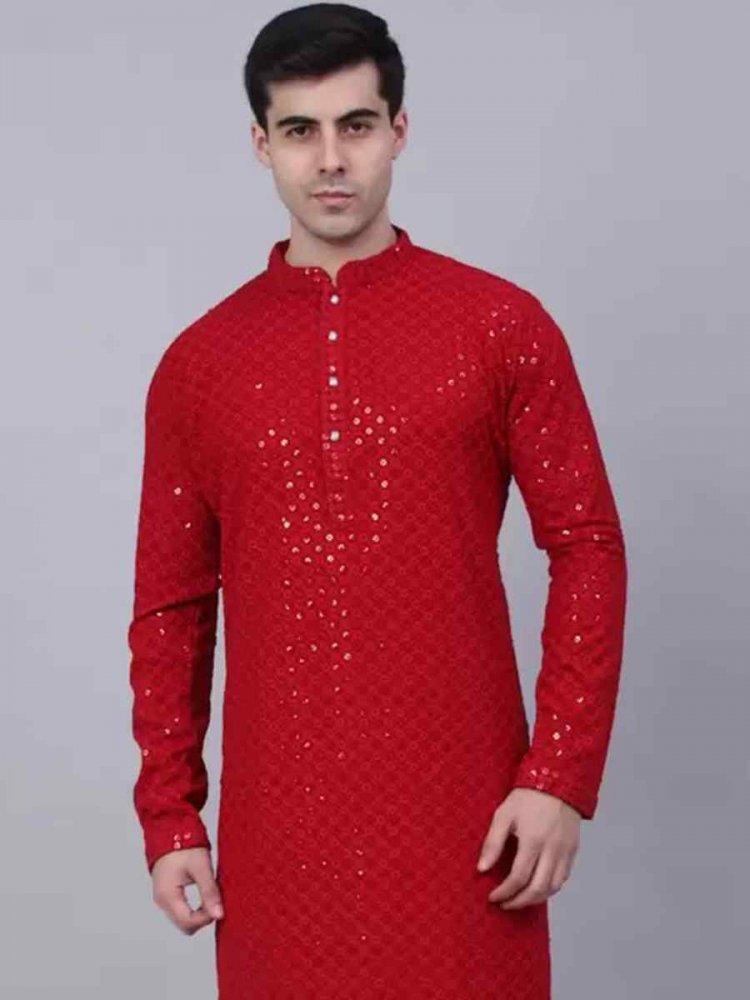 Red Rayon Embroidered Festival Party Kurta