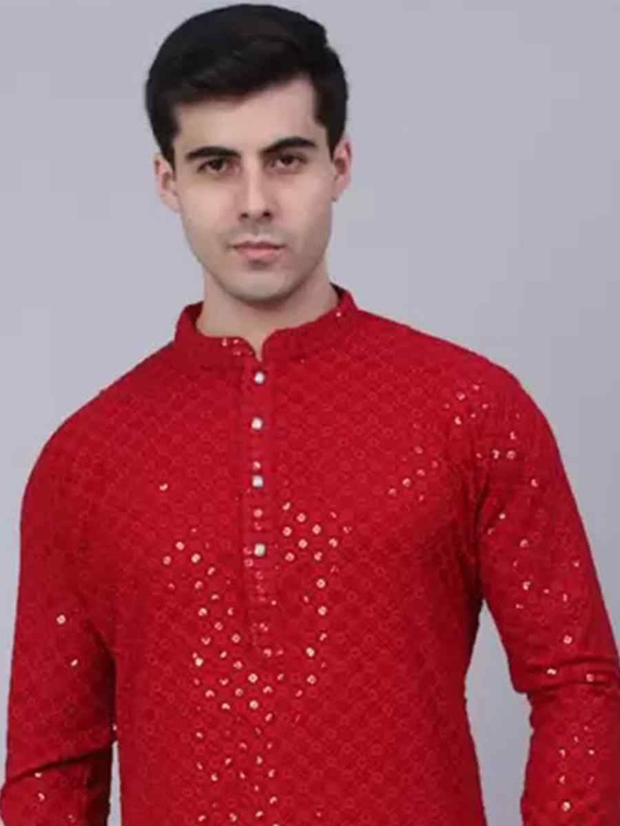 Red Rayon Embroidered Festival Party Kurta