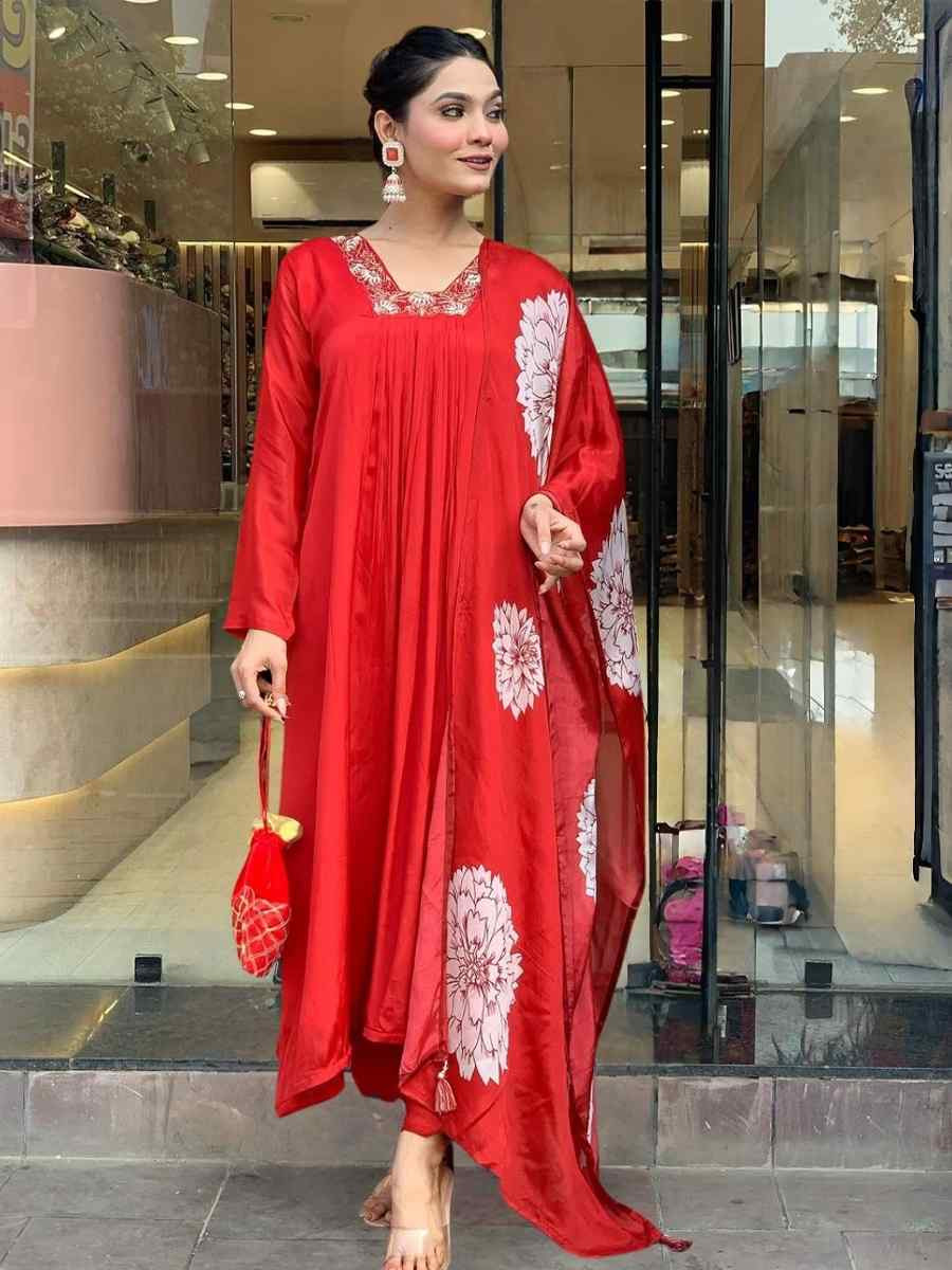 Red Rayon Embroidery Party Wedding Festival Casual Ready Pant Salwar Kameez