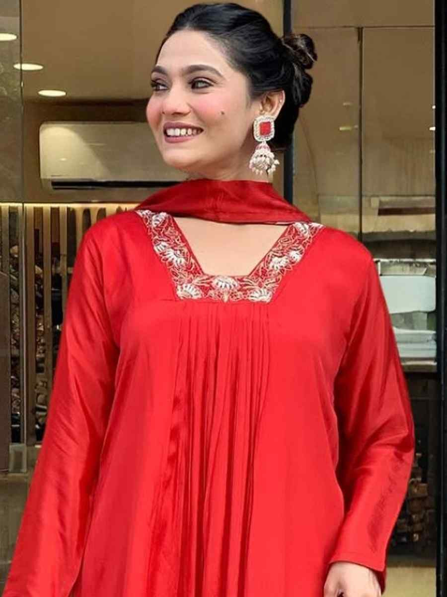 Red Rayon Embroidery Party Wedding Festival Casual Ready Pant Salwar Kameez