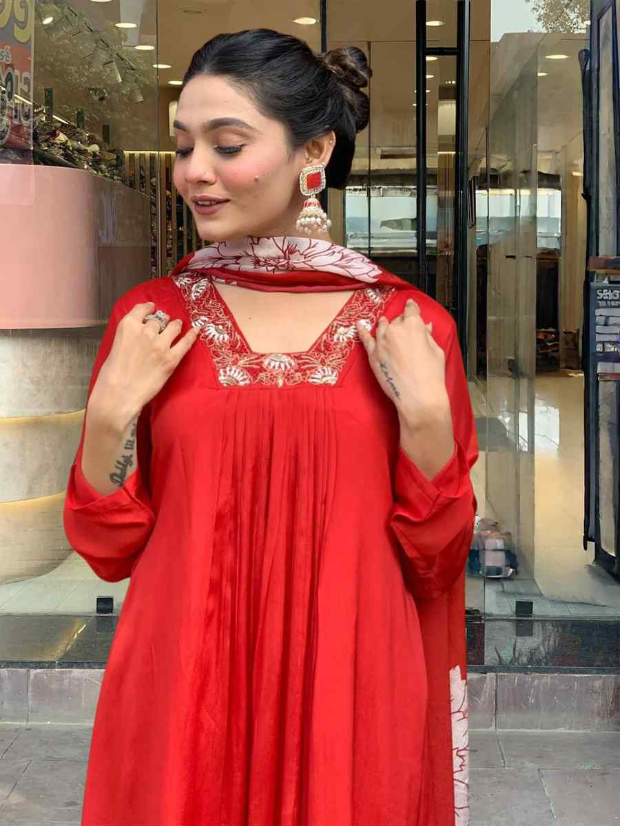 Red Rayon Embroidery Party Wedding Festival Casual Ready Pant Salwar Kameez