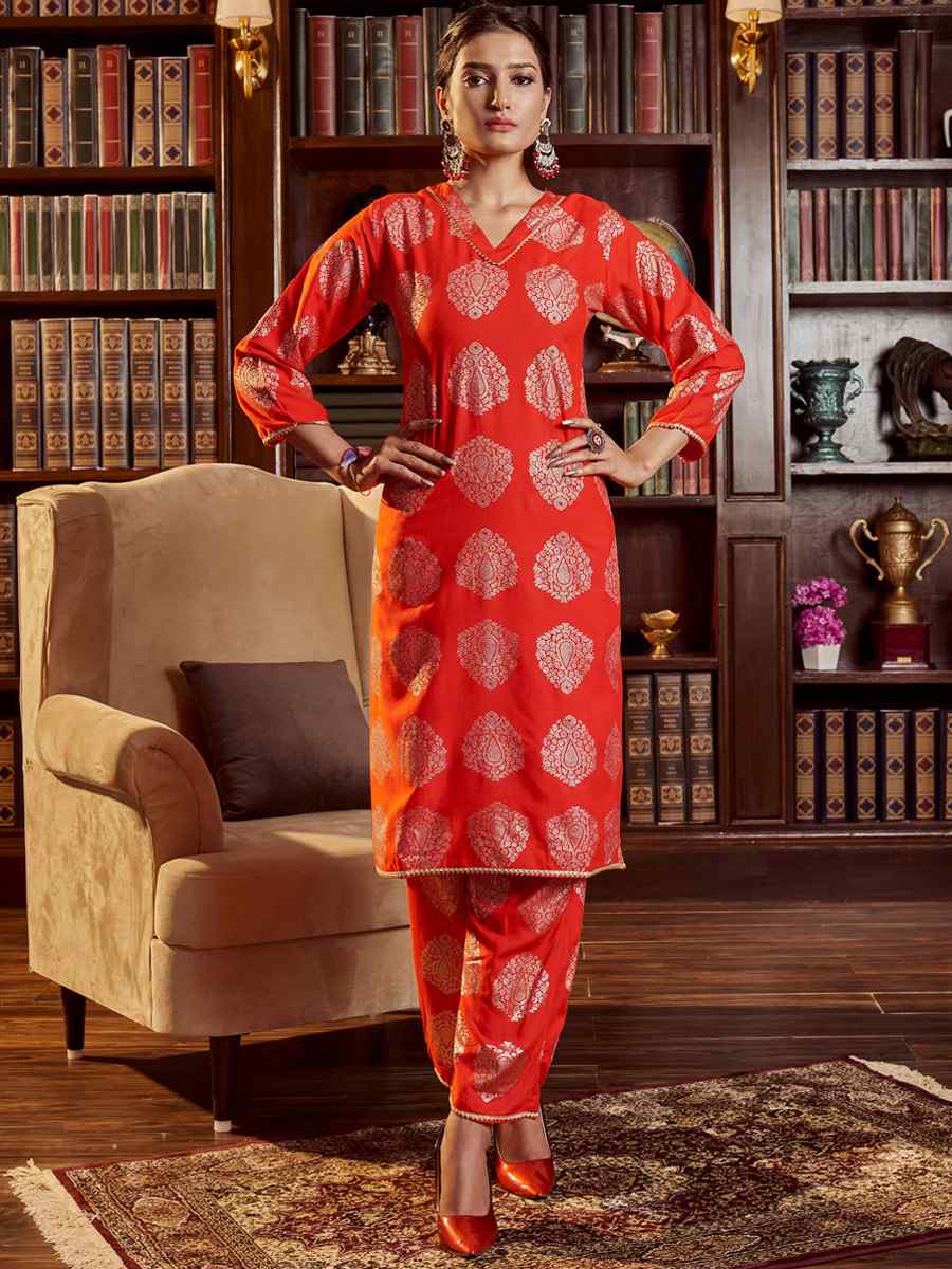 Red Rayon Handwoven Festival Pant Salwar Kameez