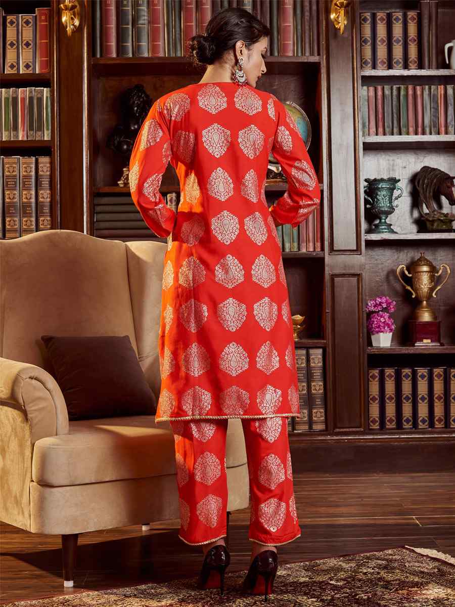 Red Rayon Handwoven Festival Pant Salwar Kameez