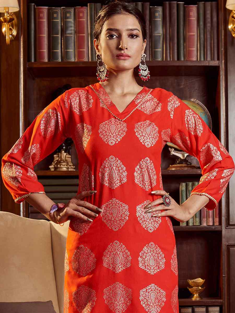 Red Rayon Handwoven Festival Pant Salwar Kameez