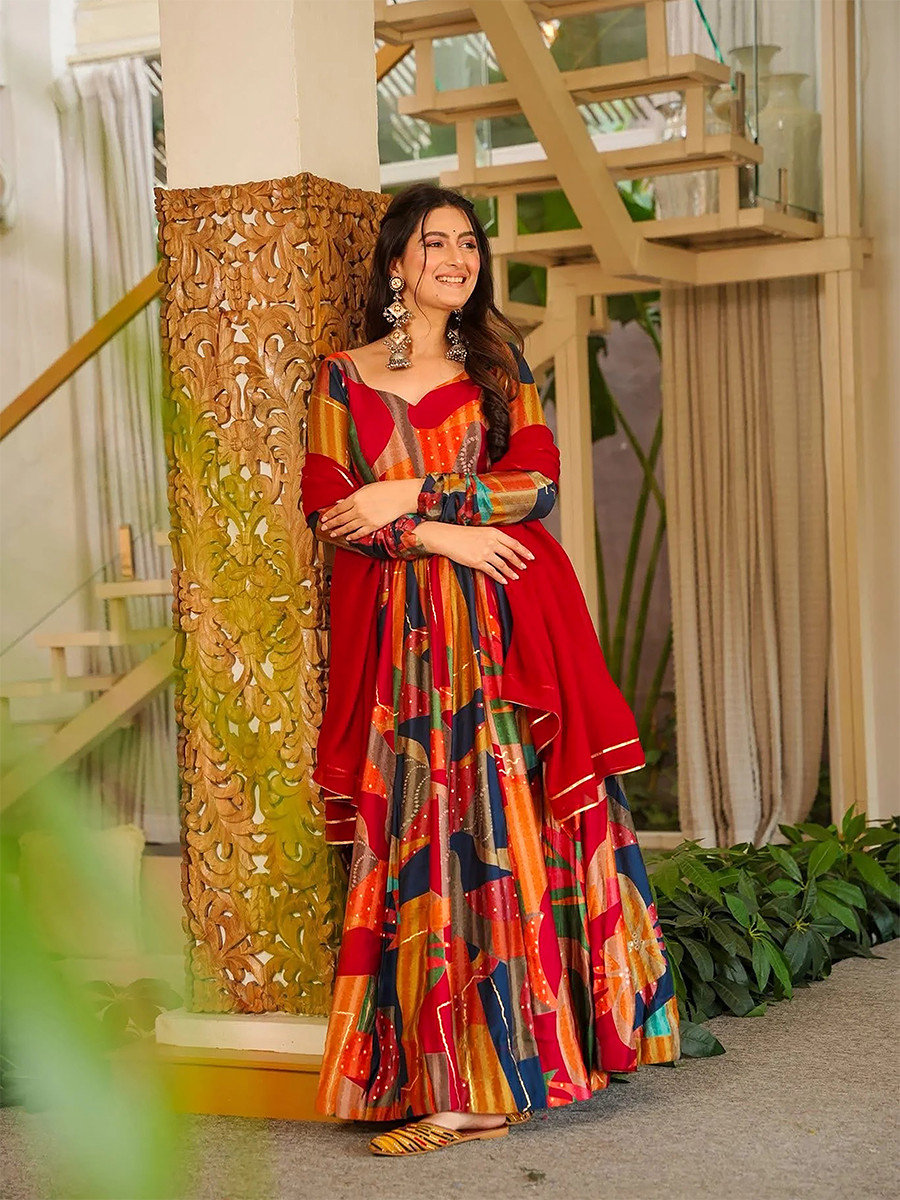 Red Rayon Heavy Digital PrintedWedding Party Festival Casual Gown Women Wear