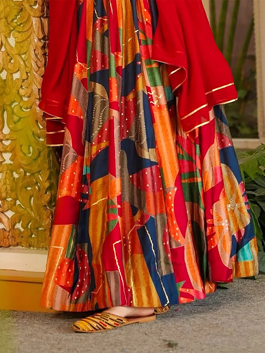Red Rayon Heavy Digital PrintedWedding Party Festival Casual Gown Women Wear