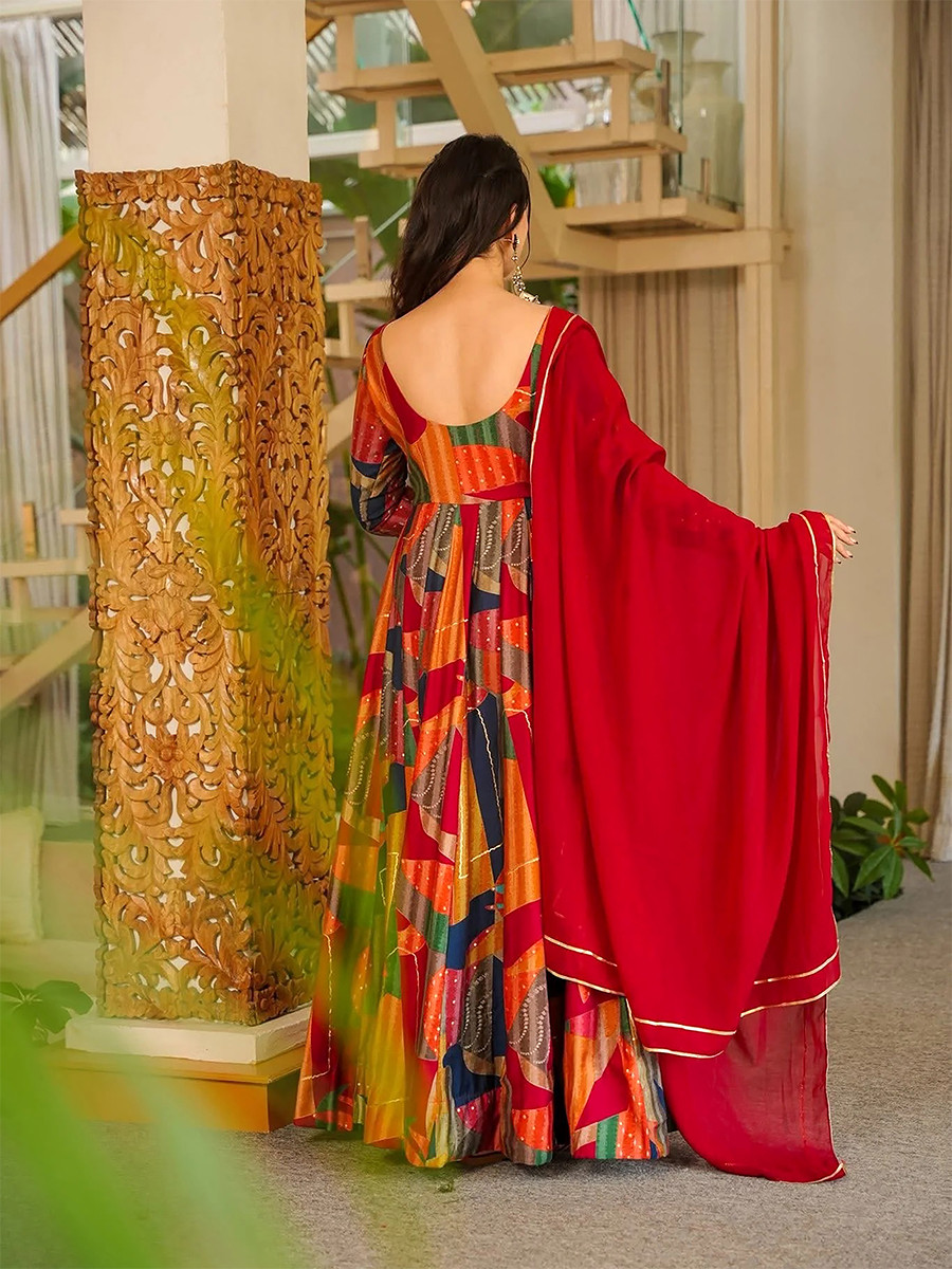 Red Rayon Heavy Digital PrintedWedding Party Festival Casual Gown Women Wear
