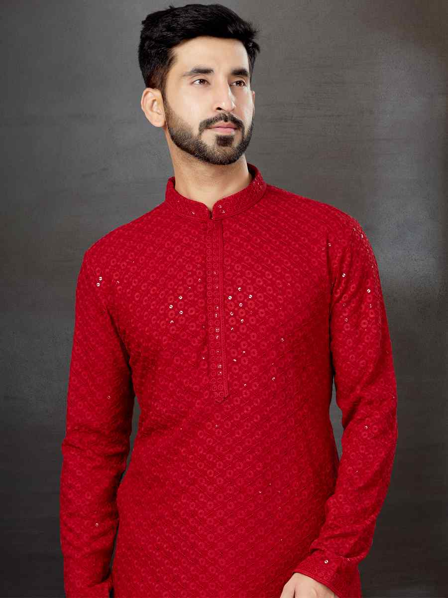 Red Rayon Lucknowi Woven Festival Wedding Kurta