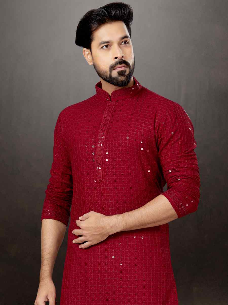 Red Rayon Lucknowi Woven Festival Wedding Kurta