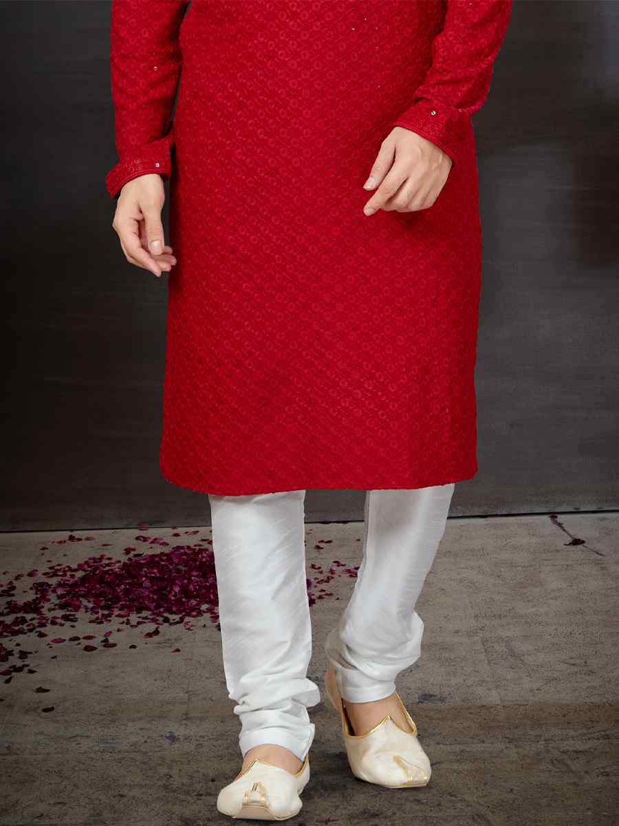 Red Rayon Lucknowi Woven Festival Wedding Kurta