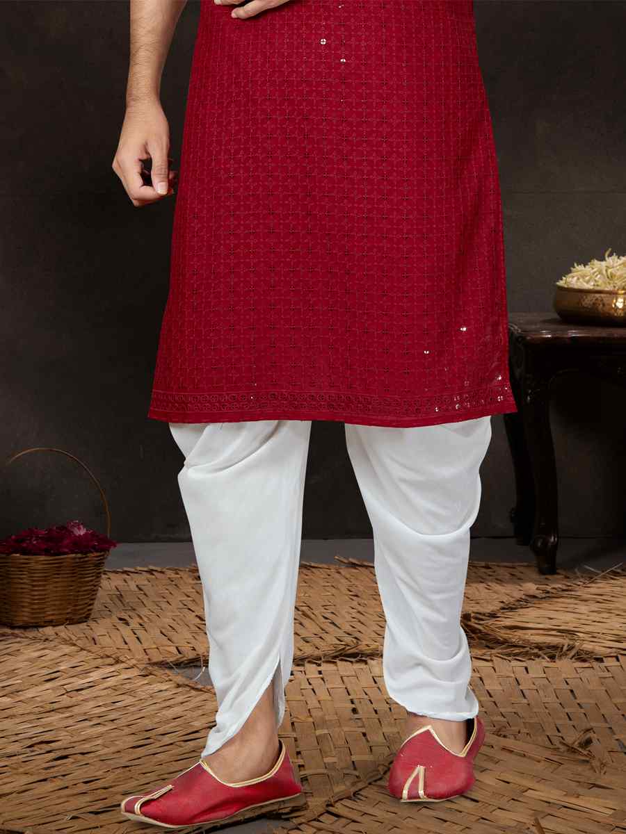 Red Rayon Lucknowi Woven Festival Wedding Kurta
