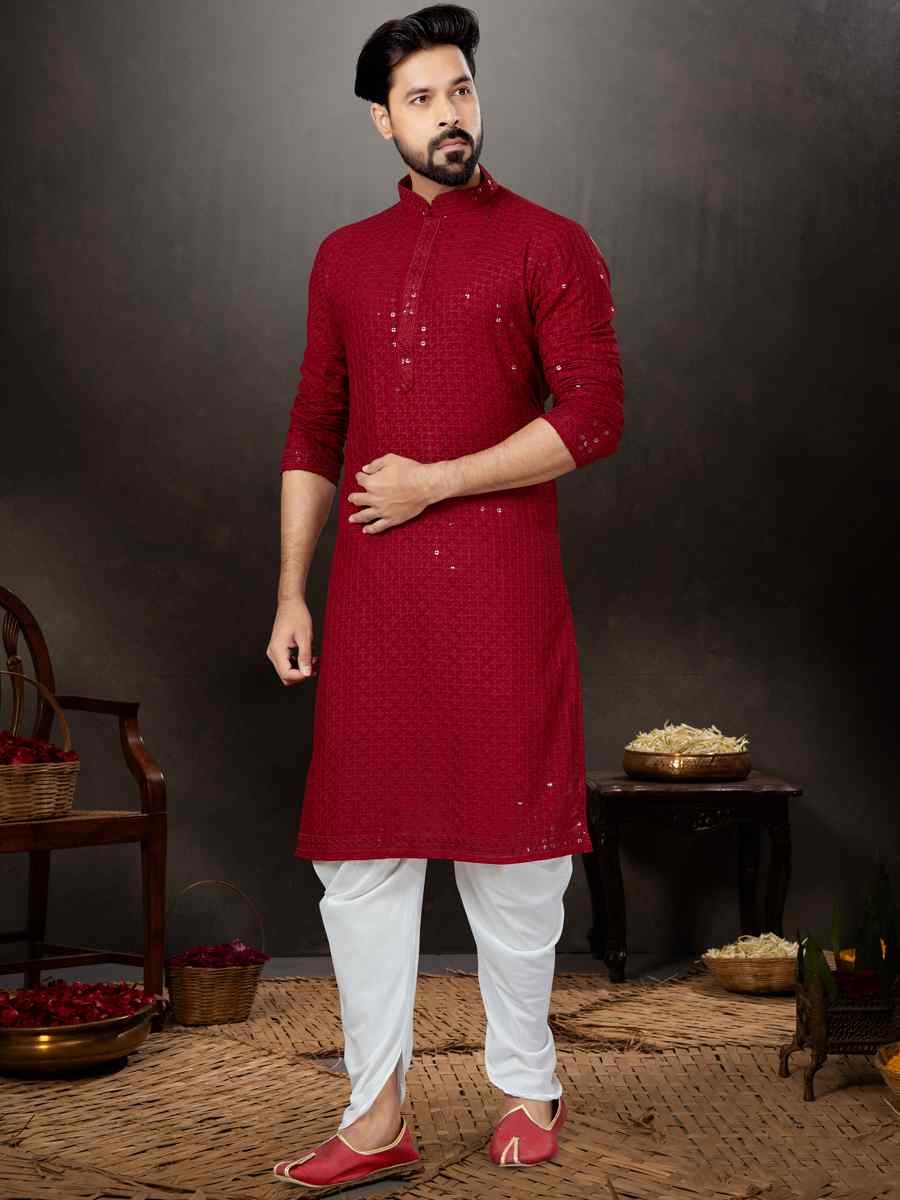 Red Rayon Lucknowi Woven Festival Wedding Kurta