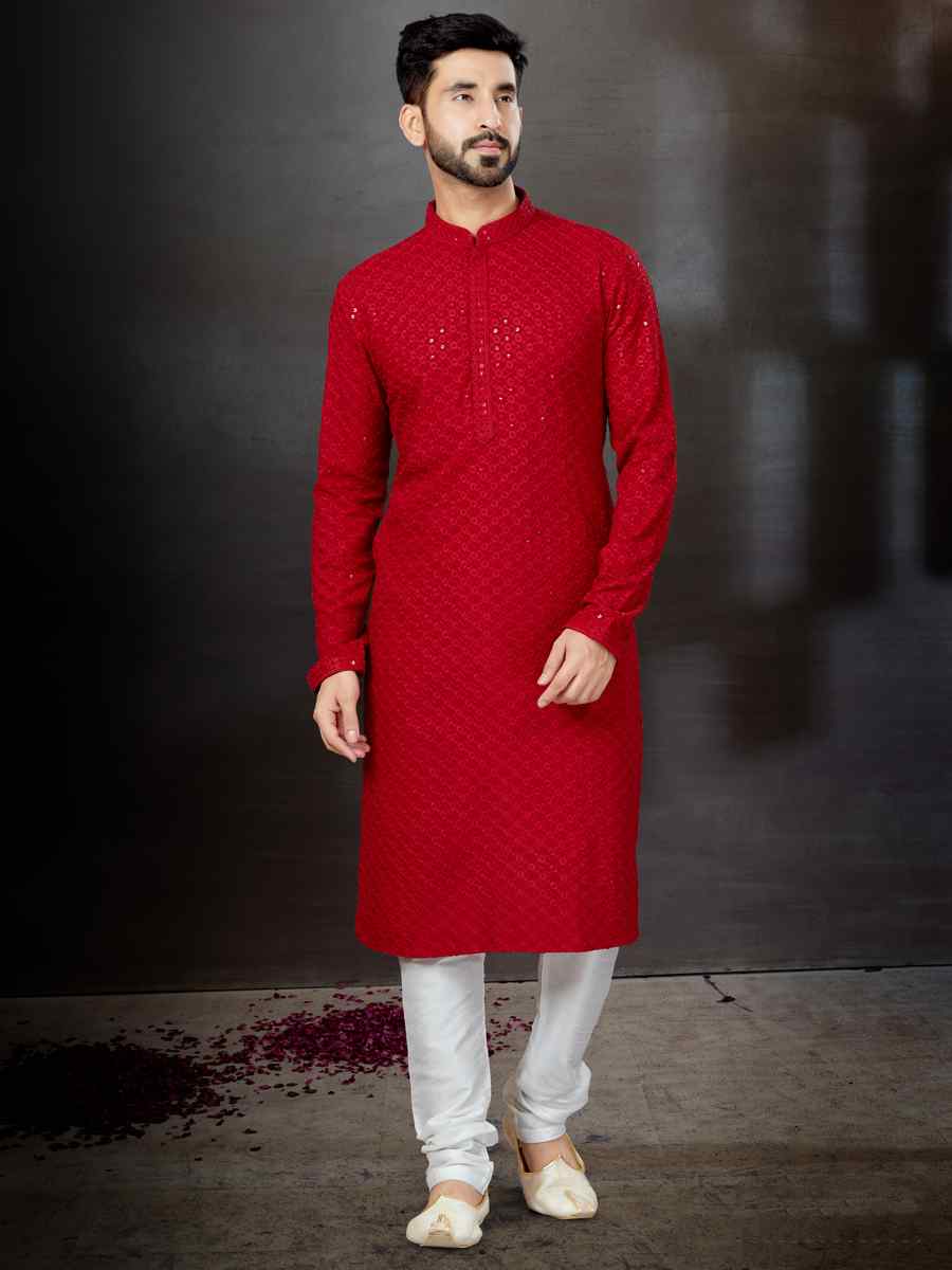 Red Rayon Lucknowi Woven Festival Wedding Kurta