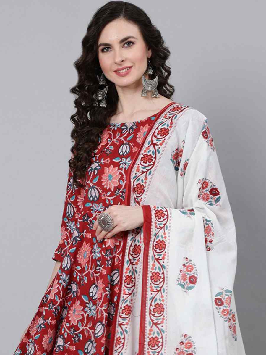 Red Rayon Printed Casual Festival Ready Anarkali Salwar Kameez
