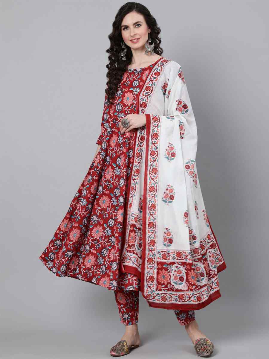 Red Rayon Printed Casual Festival Ready Anarkali Salwar Kameez