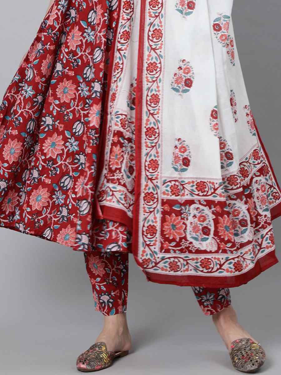 Red Rayon Printed Casual Festival Ready Anarkali Salwar Kameez