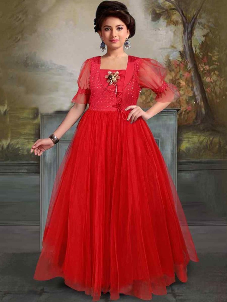 Red Rayon Soft Net Embroidered Party Wedding Salwars Girls Wear