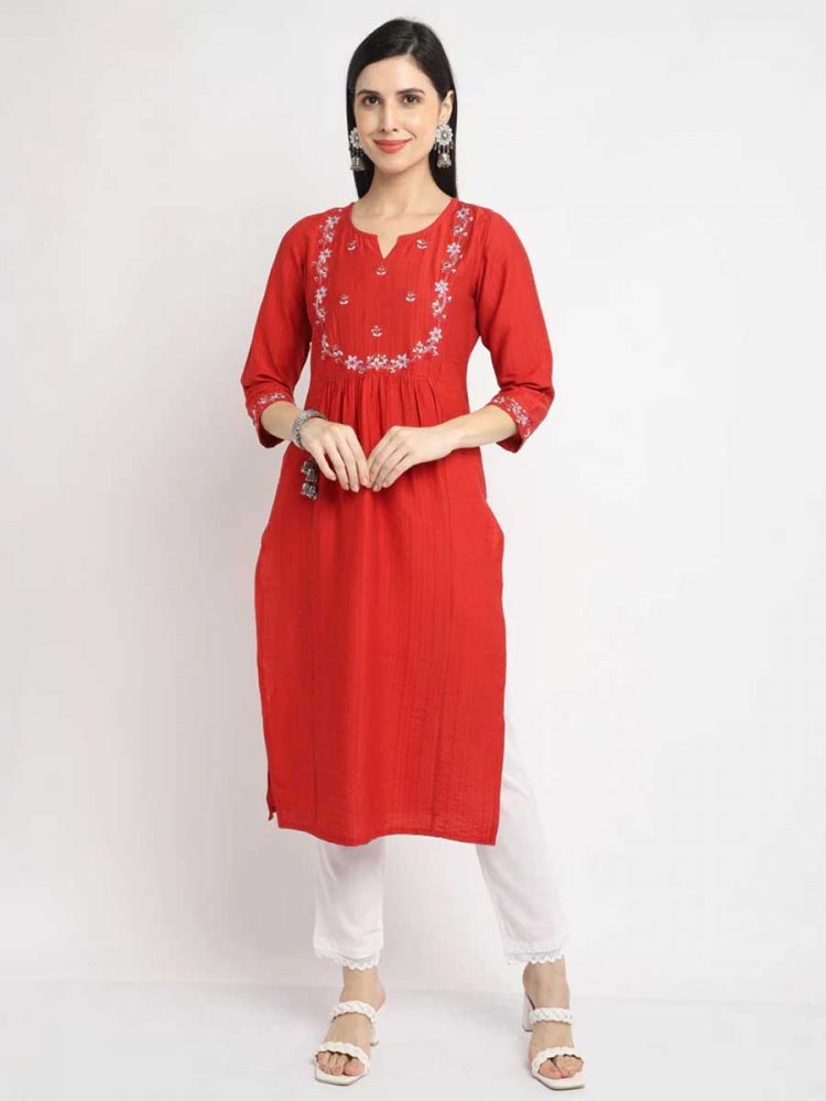 Red Rayon Viscose Embroidered Festival Casual Kurti