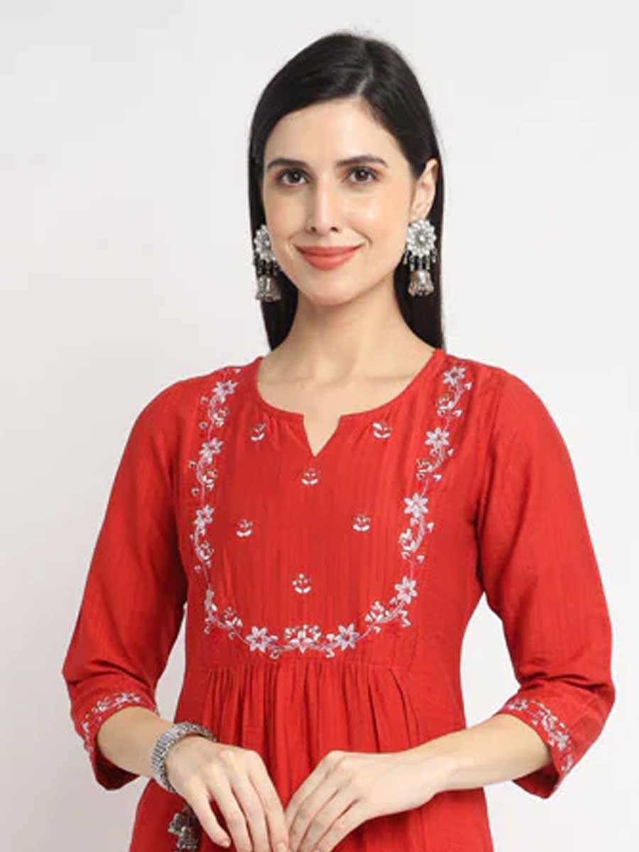Red Rayon Viscose Embroidered Festival Casual Kurti