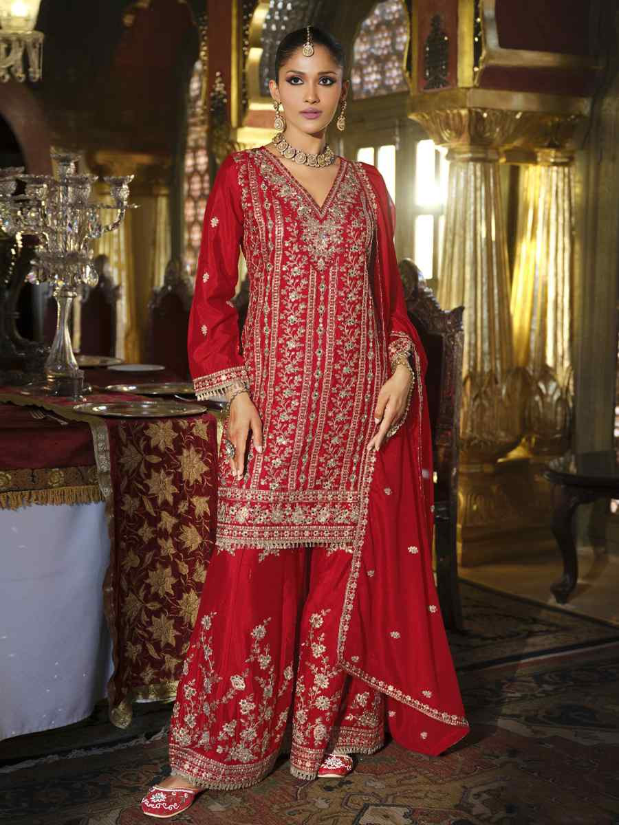 Red Real Chinon Embroidered Party Wedding Ready Palazzo Pant Salwar Kameez