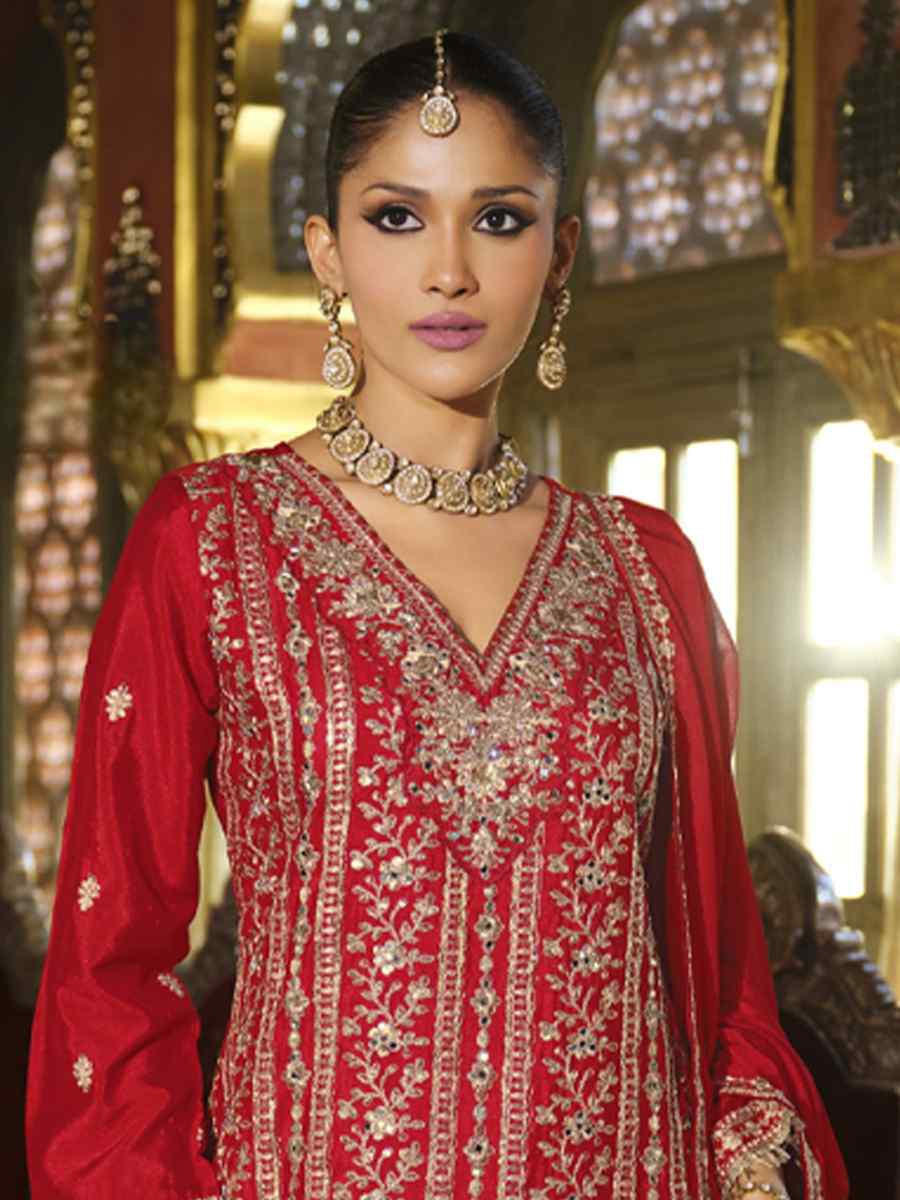 Red Real Chinon Embroidered Party Wedding Ready Palazzo Pant Salwar Kameez