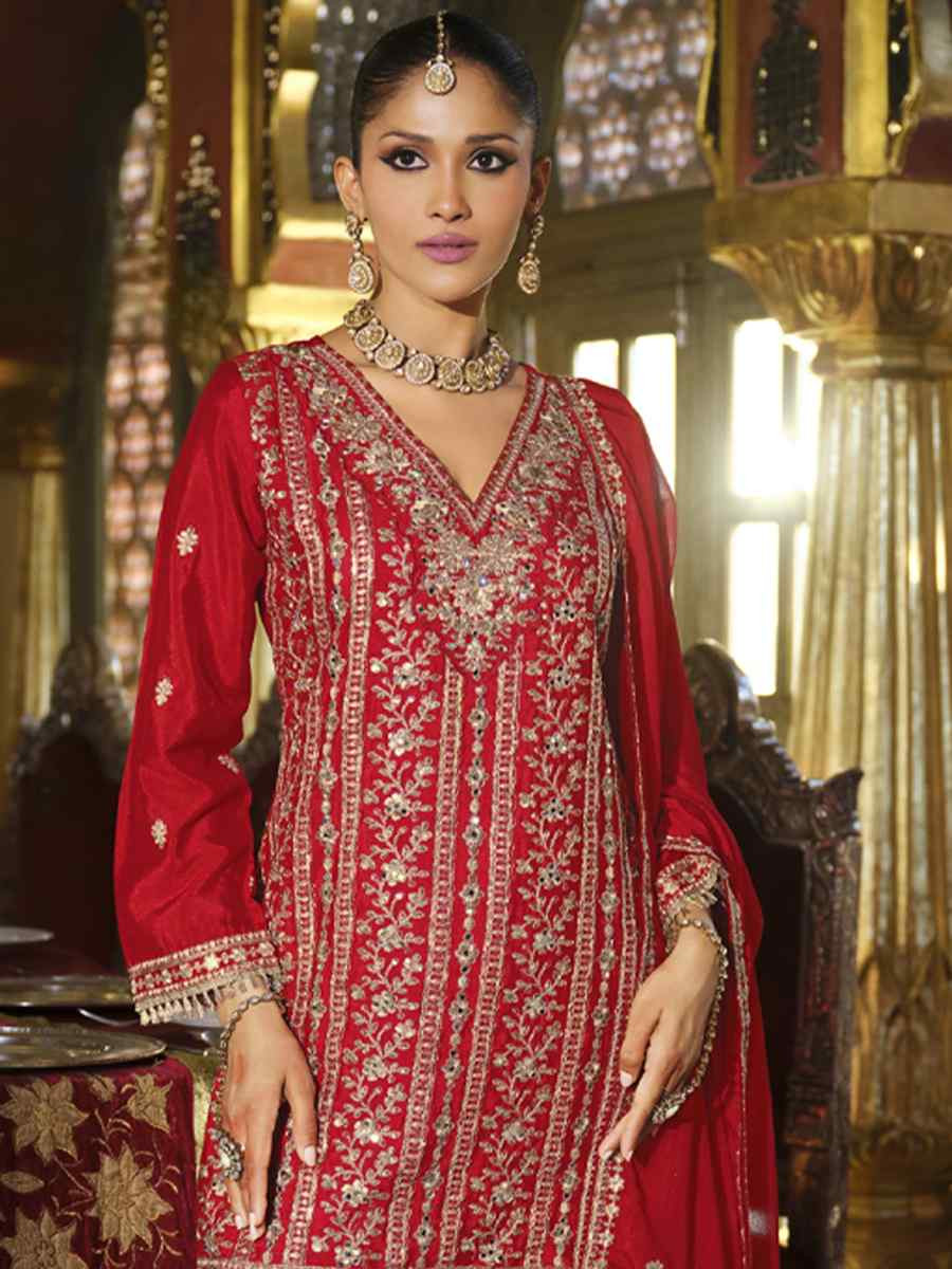 Red Real Chinon Embroidered Party Wedding Ready Palazzo Pant Salwar Kameez