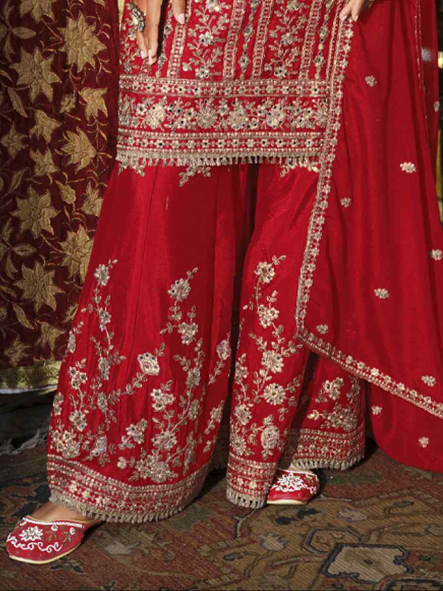 Red Real Chinon Embroidered Party Wedding Ready Palazzo Pant Salwar Kameez