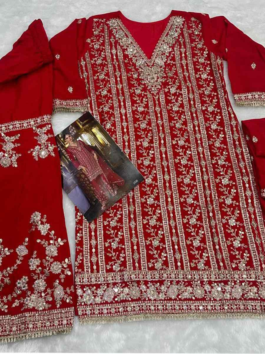 Red Real Chinon Embroidered Party Wedding Ready Palazzo Pant Salwar Kameez