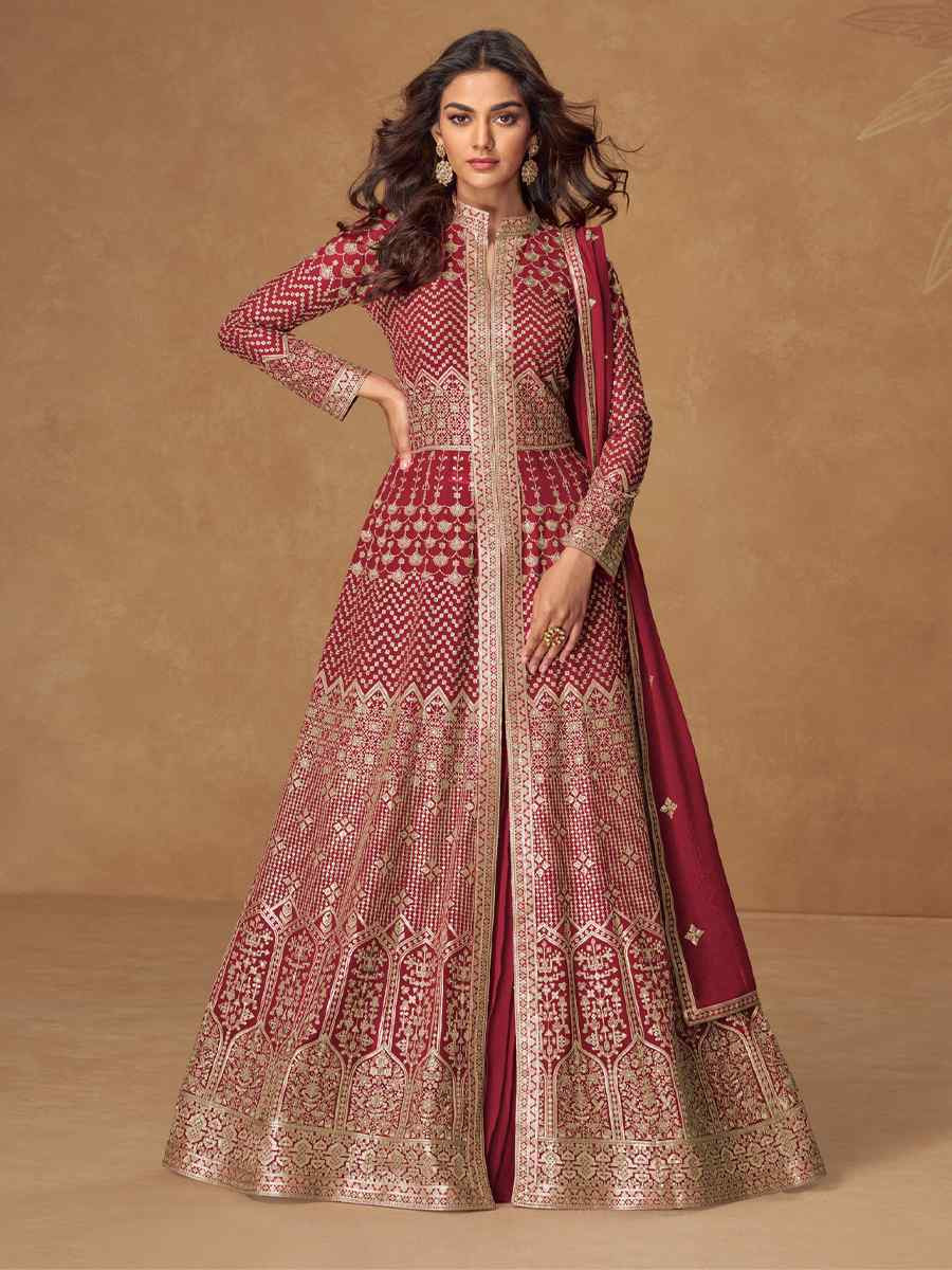 Red Real Georgette Embroidery Party Wedding Festival Ready Lawn Salwar Kameez