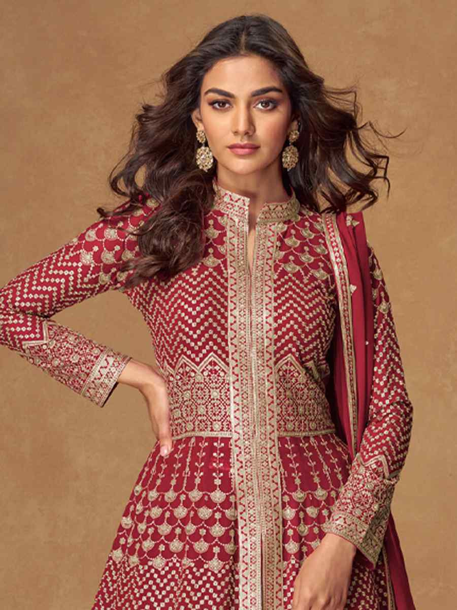 Red Real Georgette Embroidery Party Wedding Festival Ready Lawn Salwar Kameez