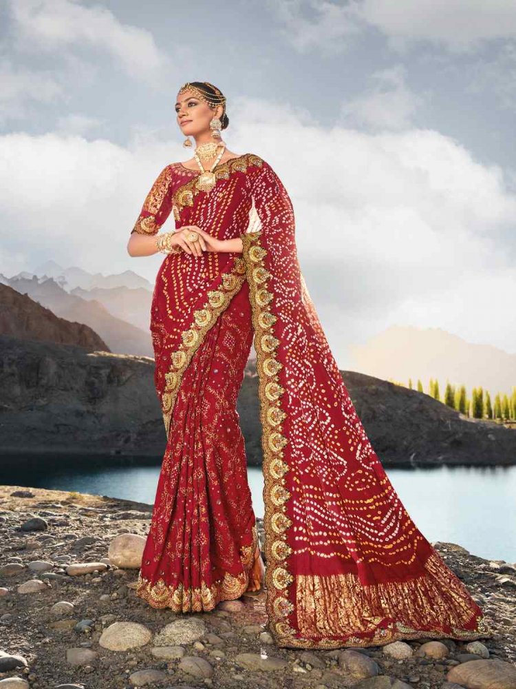 Red Real Silk Embroidered Wedding Bridal Heavy Border Saree