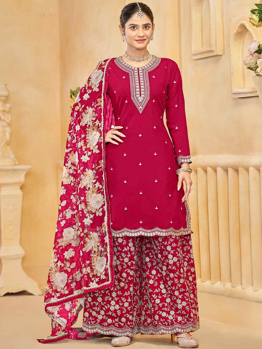 Red Roman Silk Embroidered Festival Casual Ready Palazzo Pant Salwar Kameez