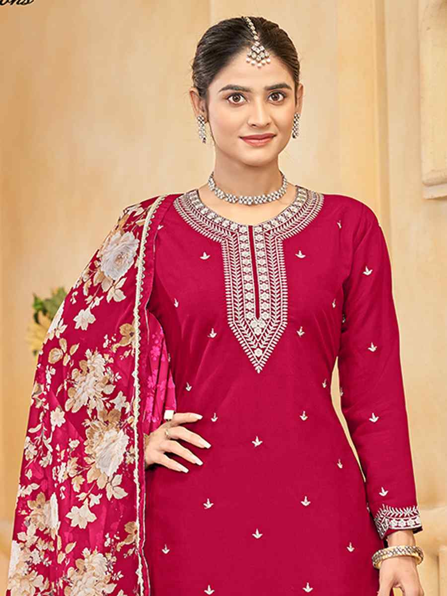 Red Roman Silk Embroidered Festival Casual Ready Palazzo Pant Salwar Kameez