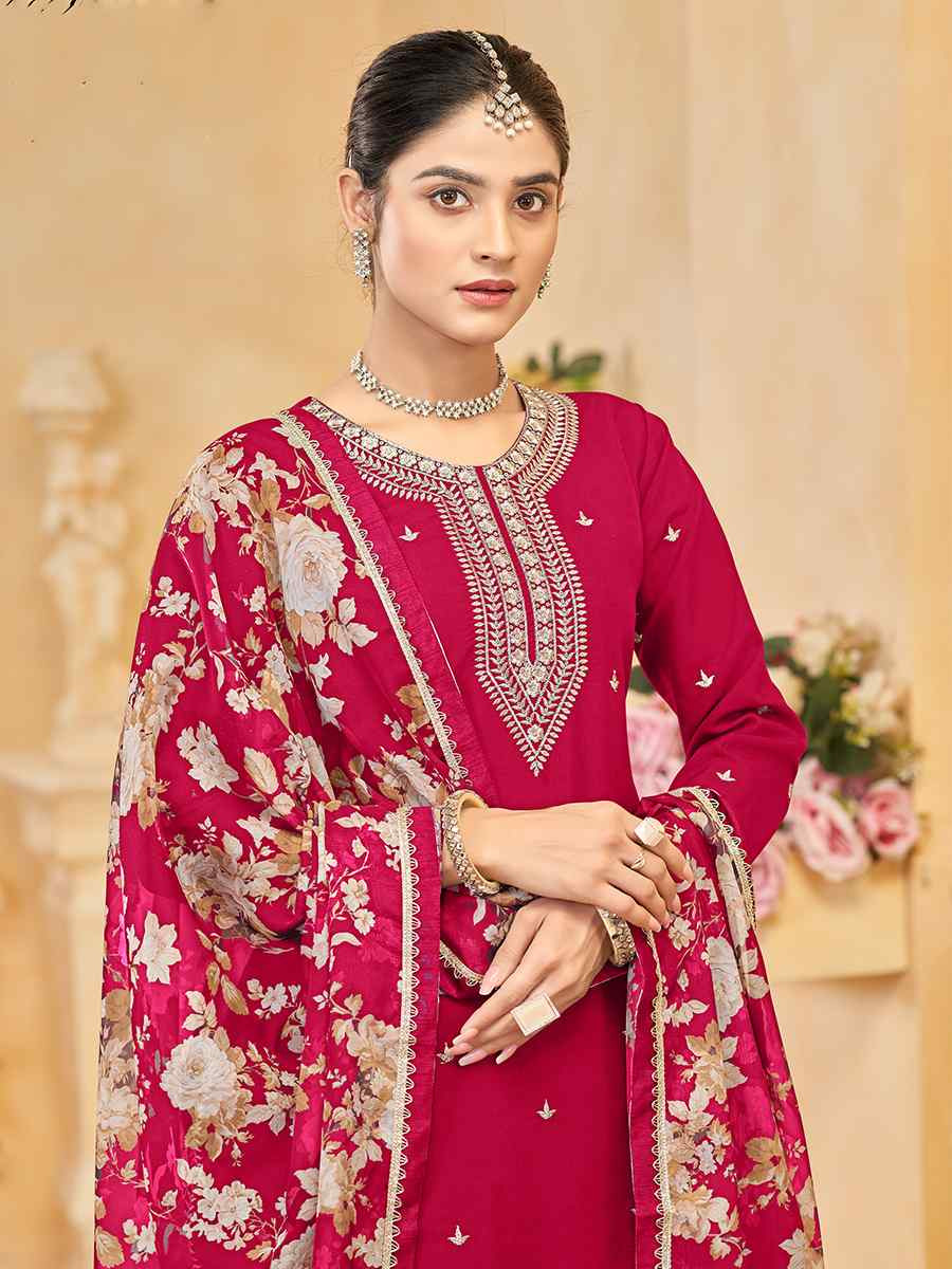 Red Roman Silk Embroidered Festival Casual Ready Palazzo Pant Salwar Kameez