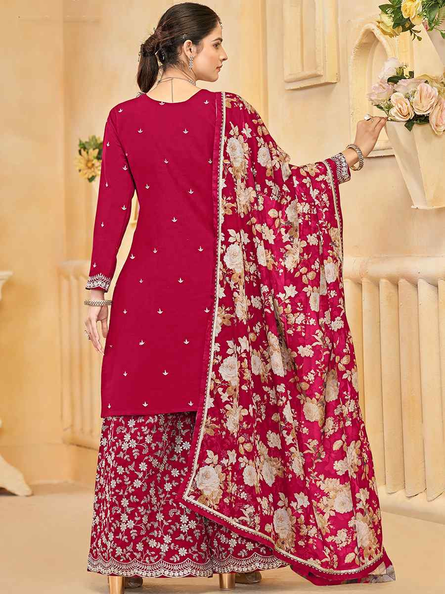 Red Roman Silk Embroidered Festival Casual Ready Palazzo Pant Salwar Kameez