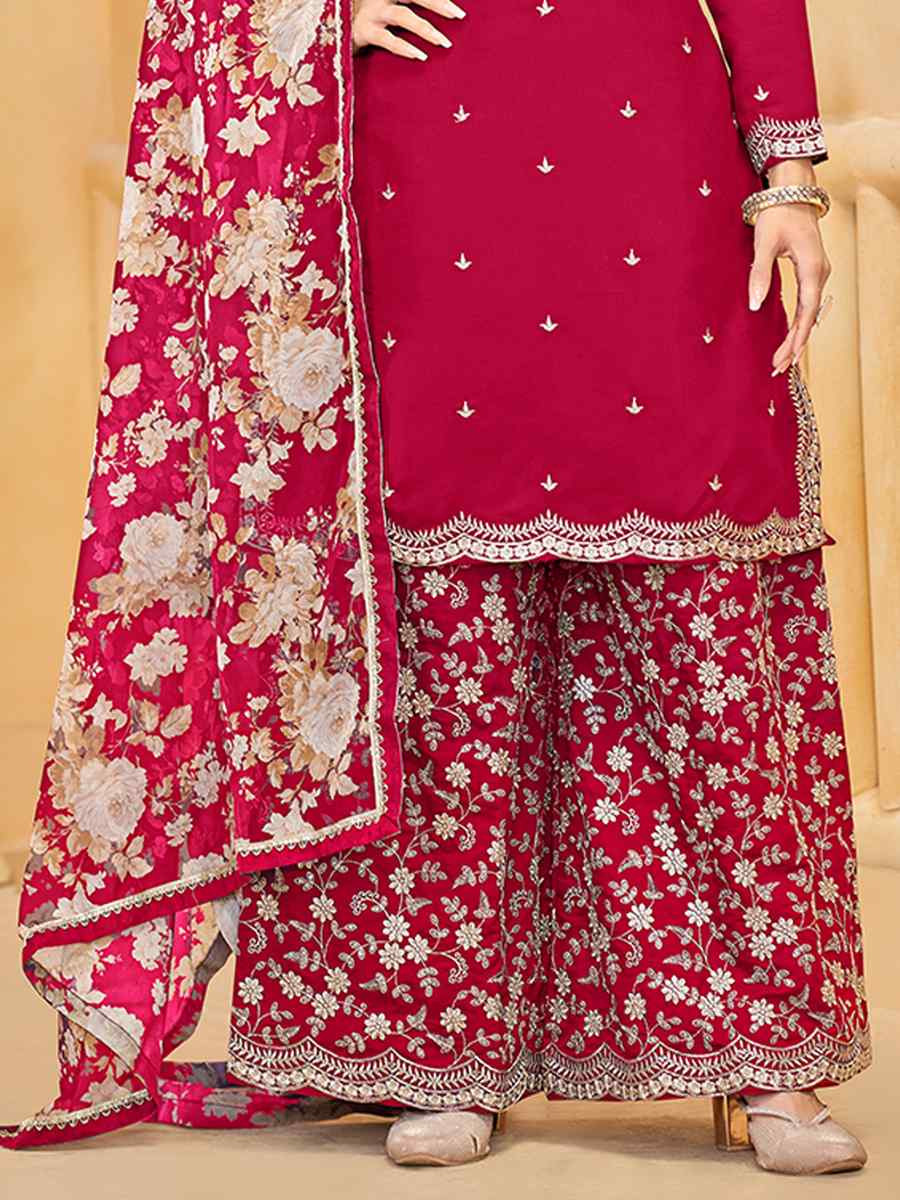 Red Roman Silk Embroidered Festival Casual Ready Palazzo Pant Salwar Kameez
