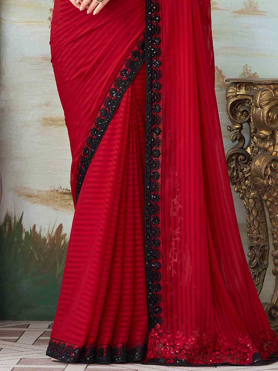 Red Roman Silk Embroidered Party Festival Heavy Border Saree