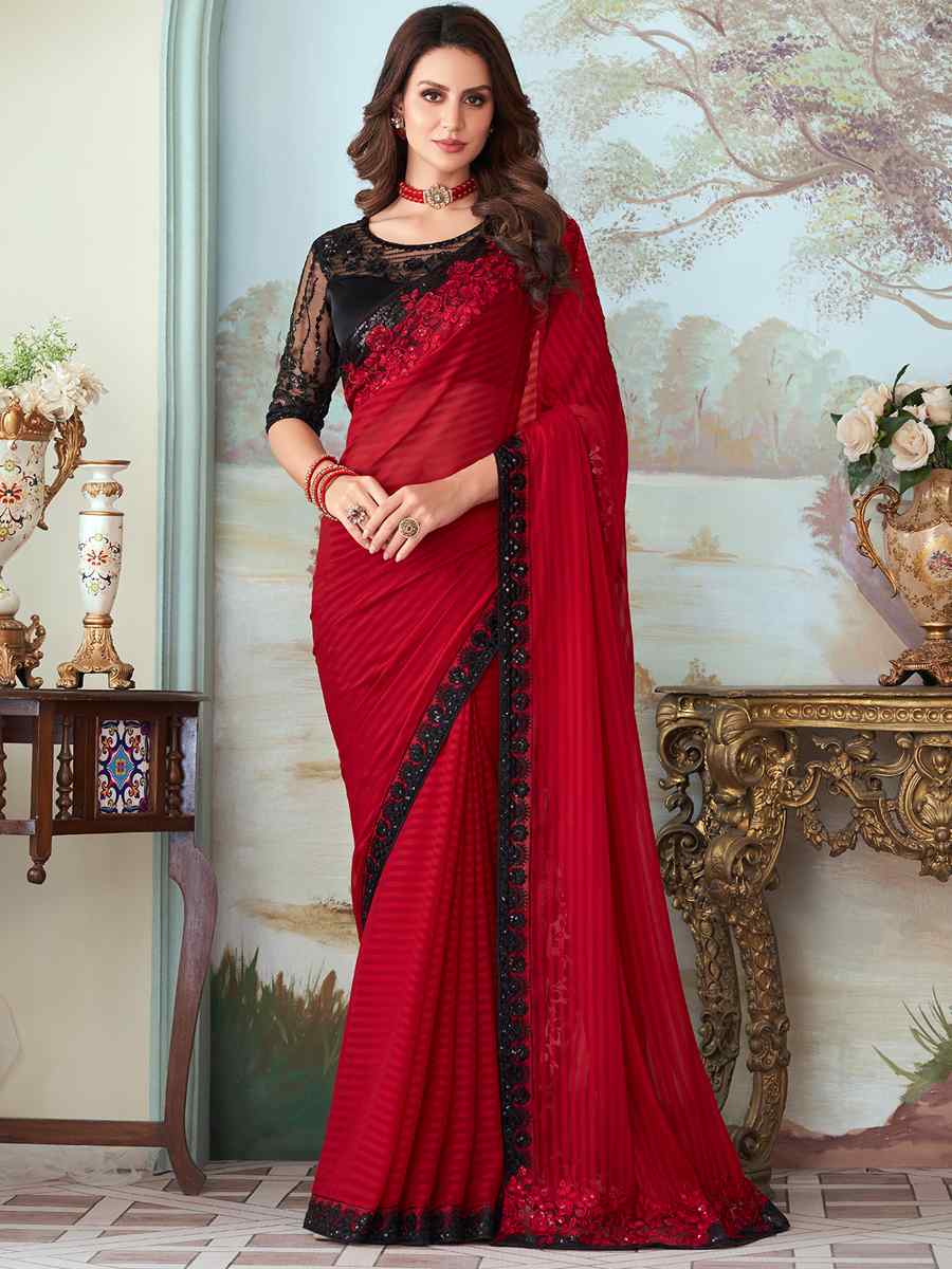 Red Roman Silk Embroidered Party Festival Heavy Border Saree
