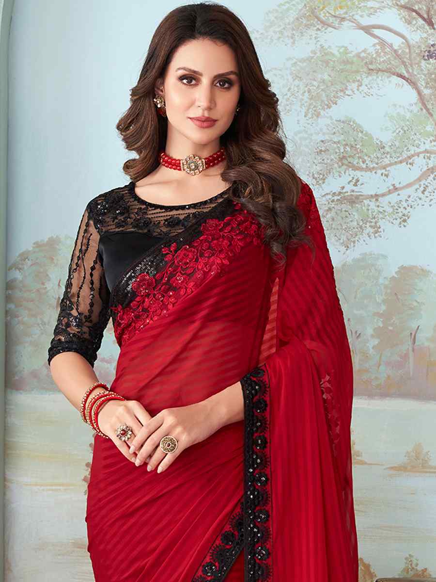 Red Roman Silk Embroidered Party Festival Heavy Border Saree
