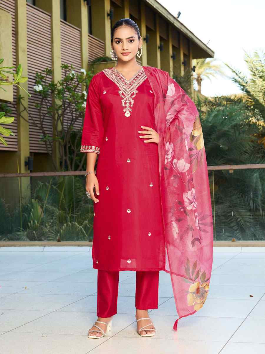 Red Roman Silk Embroidery Party Wedding Festival Casual Ready Pant Salwar Kameez