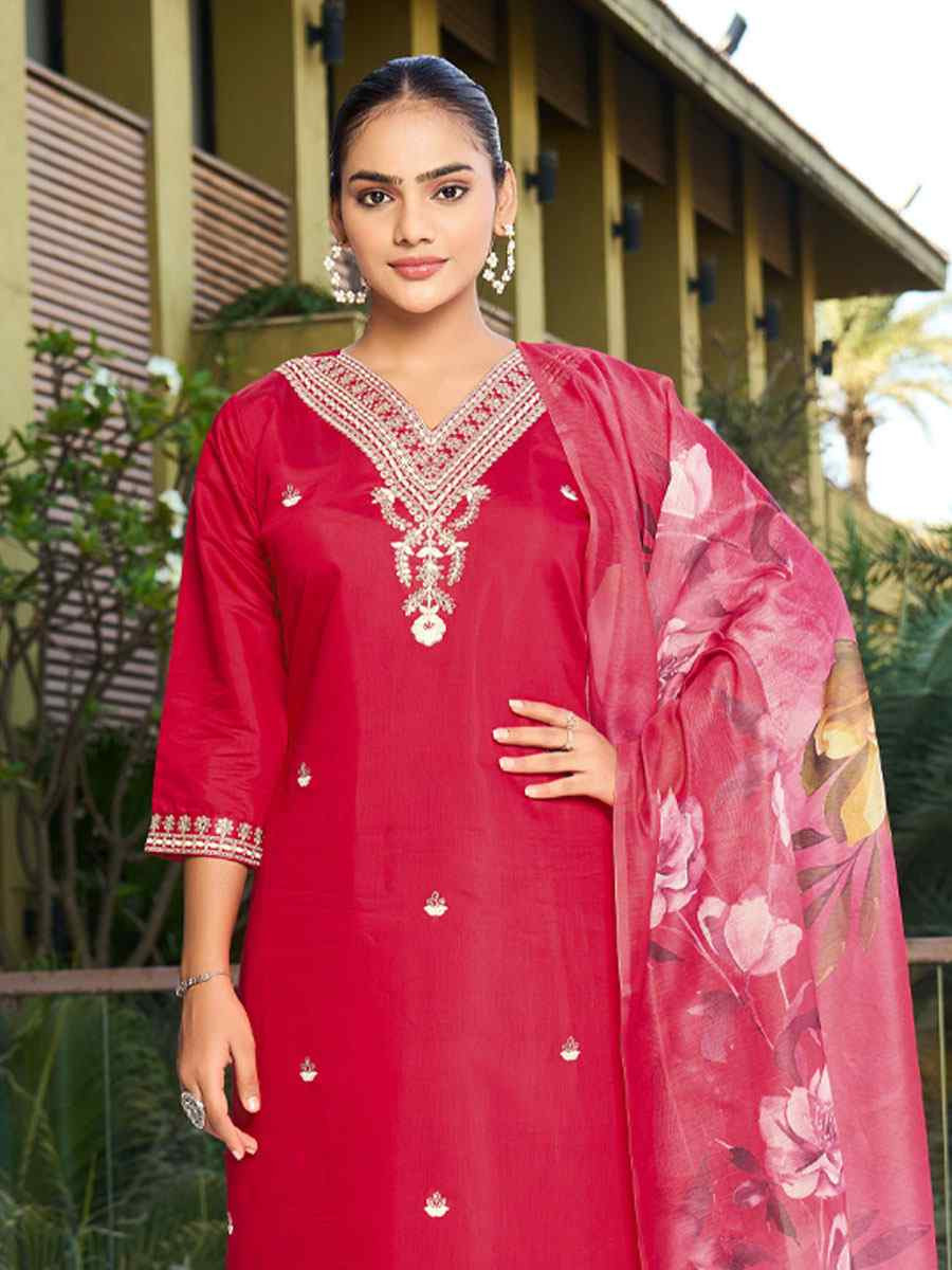 Red Roman Silk Embroidery Party Wedding Festival Casual Ready Pant Salwar Kameez