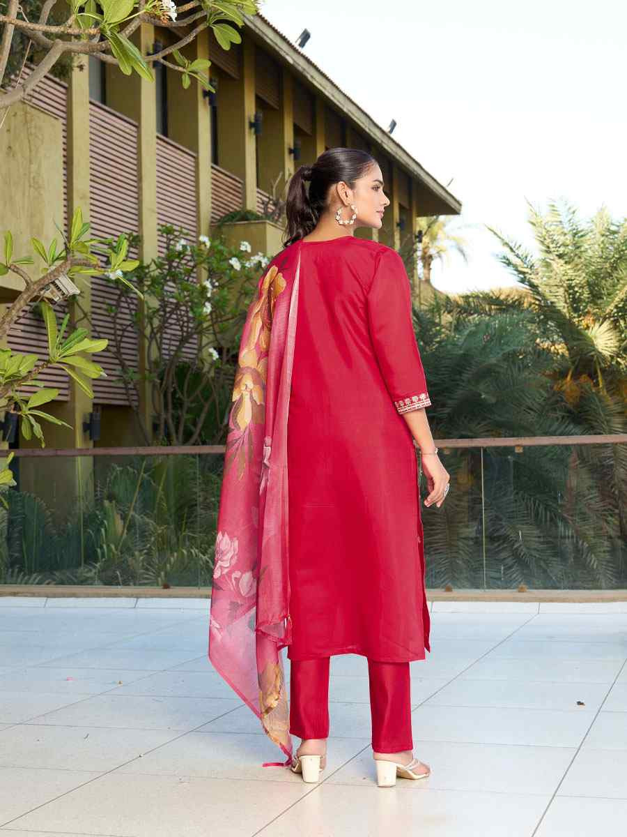 Red Roman Silk Embroidery Party Wedding Festival Casual Ready Pant Salwar Kameez