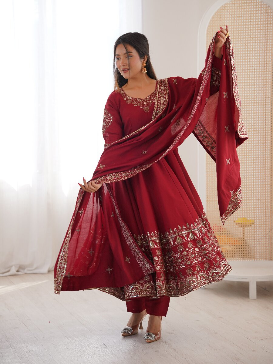 Red Roman Silk Embroidery Sequins Wedding Festival Party Casual Ready Anarkali Pant Salwar Kameez
