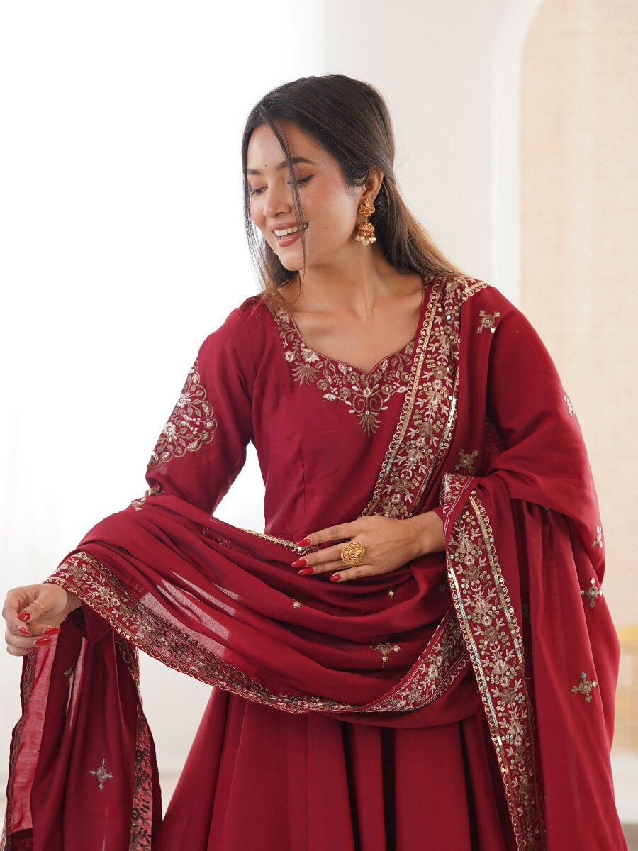 Red Roman Silk Embroidery Sequins Wedding Festival Party Casual Ready Anarkali Pant Salwar Kameez