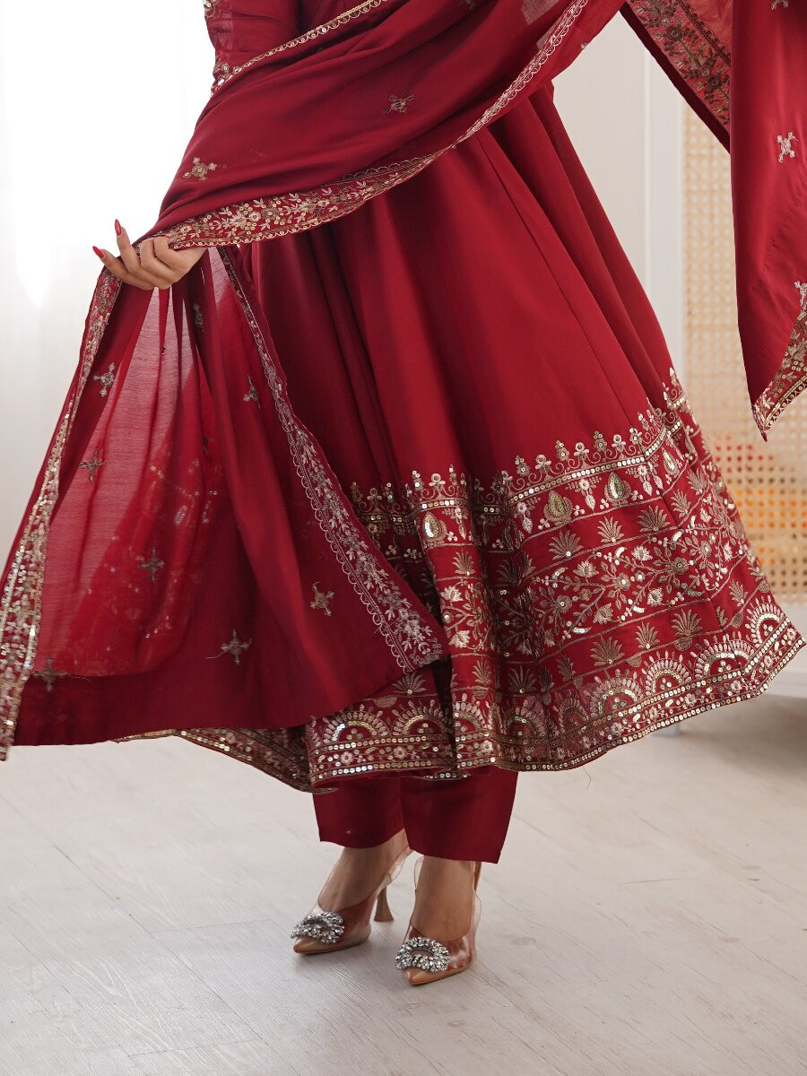 Red Roman Silk Embroidery Sequins Wedding Festival Party Casual Ready Anarkali Pant Salwar Kameez
